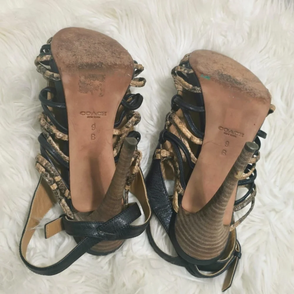Coach High Heels Black Leather Snake Skin Accents Sandals Size 9B✌️
